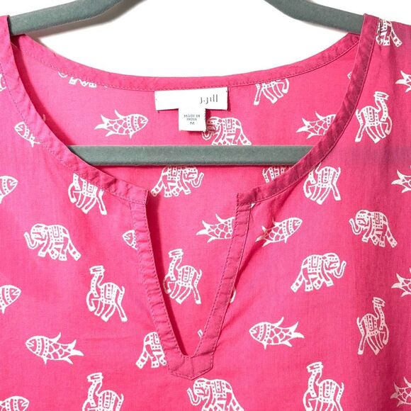 J.Jill lightweight pink & white elephant fish camel fun print notch neck tunic - Picture 2 of 11